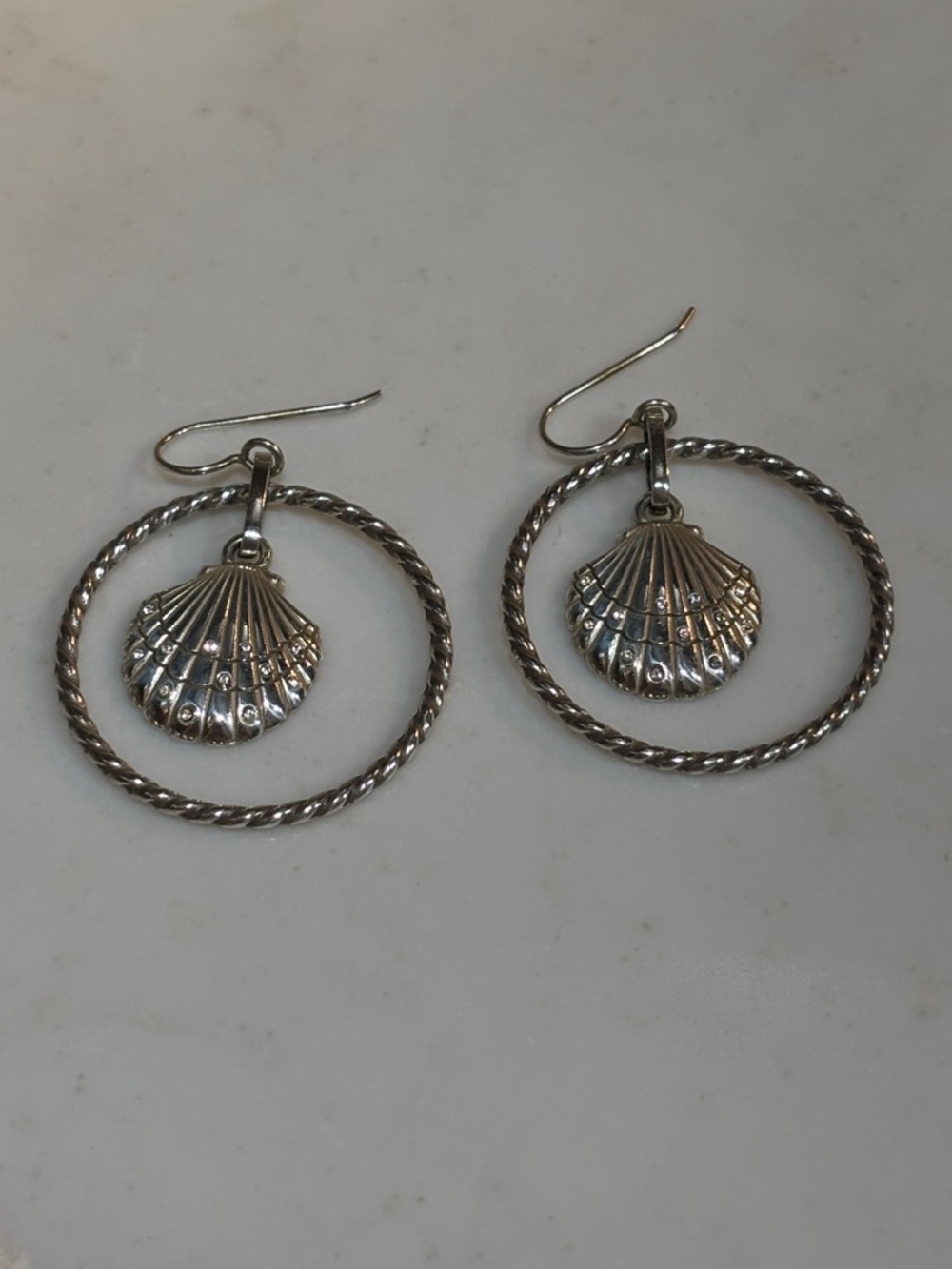 Brighton Sea Shore Shell Hoop Drop Earrings Silver 1 3/8"